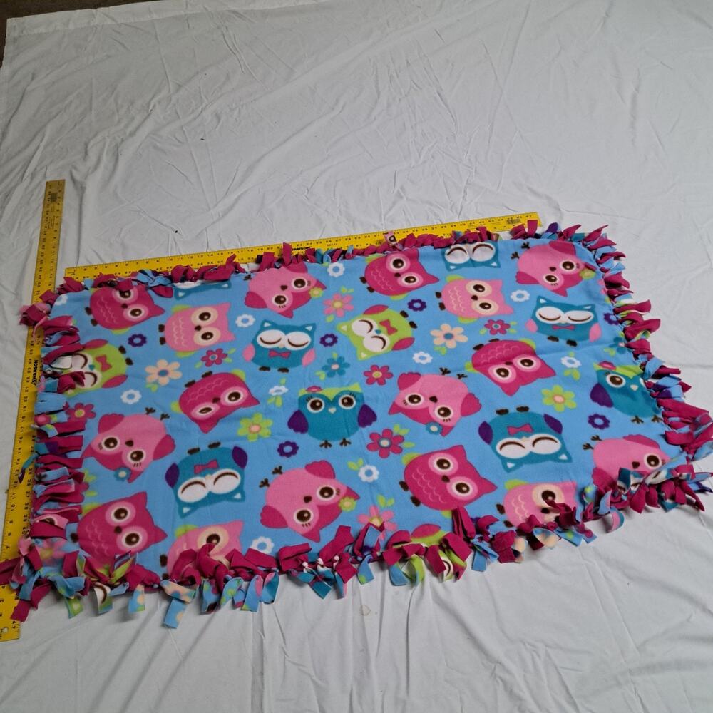 Handmade Dbl Fleece Tie Blanket Baby, Crib, Stroller, Car Seat Pink Blue Owls